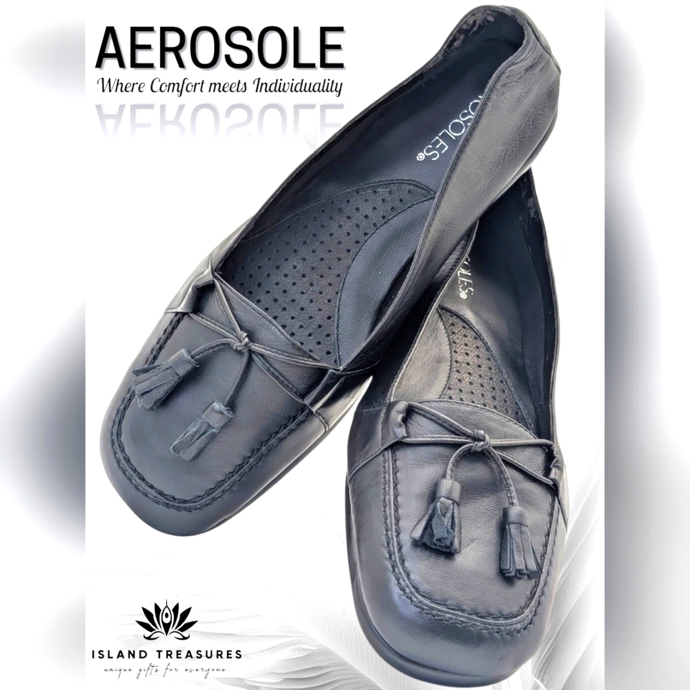 AEROSOLES JAMBOREE Black Leather Flats With Tassels Women Size 8 B